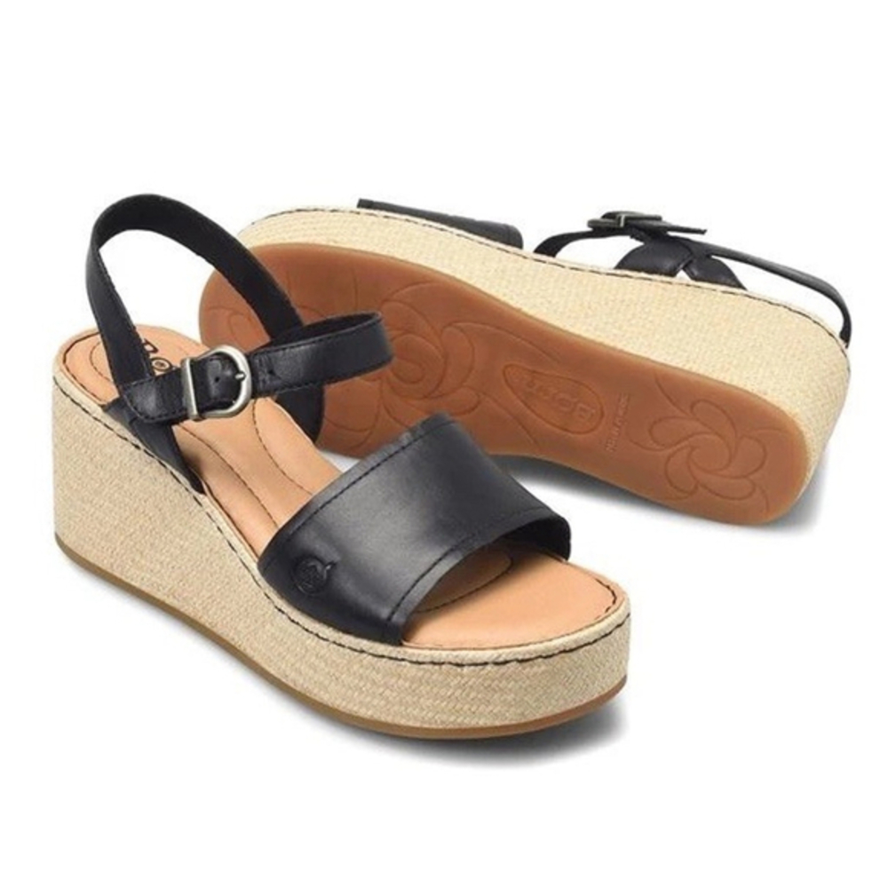 Born Santos Sandals Leather Platform Wedge Heel Black Size 10 MSRP $125